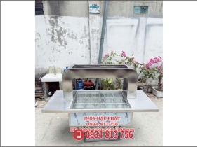MẶT BÀN INOX 304 CÓ THÙNG ĐÁ 2 NẮP KÍNH LÙA KÈM 15 KHAY DUNG TÍCH 1.5L & KỆ