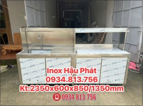 QUẦY PHA CHẾ INOX 304 DÀI 2m35 CÓ BỒN RỬA LỚN & TẦNG GIỮA  ĐƯỢC SẢN XUẤT TRỰC TIẾP TẠI XƯỞNG 