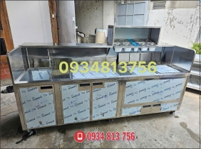 QUẦY PHA CHẾ INOX 304 DÀI 2M5 KÈM CHẬU RỬA VÀ KHAY TOPPING THIẾT KẾ THEO YÊU CẦU