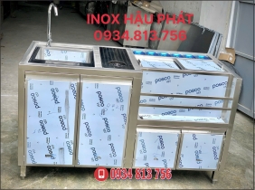 QUẦY PHA CHẾ INOX CÓ CHẬU RỬA VÀ THÙNG ĐÁ ÂM QUẦY KÈM 6 KHAY TOPPING GIỮ LẠNH