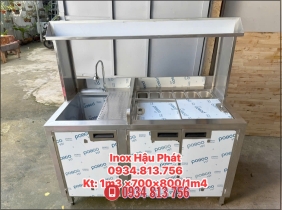 QUẦY TRÀ SỮA INOX 304 CÓ CHẬU RỬA VÀ THÙNG ĐÁ ÂM DÀI 1M3