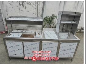 QUẦY TRÀ SỮA INOX 304 DÀI 2m CÓ BỒN RỬA VÀ THÙNG ĐÁ KÈM KHAY ĐƯỢC SẢN XUẤT TRỰC TIẾP TẠI XƯỞNG