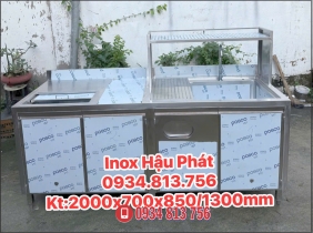 QUẦY TRÀ SỮA INOX 304 DÀI 2M CÓ THÙNG ĐÁ ÂM VÀ BỒN RỬA KÈM KỆ 1 TẦNG