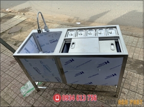 thùng đá inox 304 có khay topping kèm chậu rửa