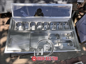 THÙNG ĐÁ INOX ÂM QUẦY GIỮ LẠNH 12 KHAY TOPPING 1/9 CÓ NẮP KÍNH 