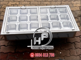 THÙNG INOX ÂM QUẦY GIỮ LẠNH 18 KHAY TOPPING 1,5 LÍT. CÓ NẮP ĐẬY MICA