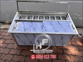 THÙNG INOX ÂM QUẦY GIỮ LẠNH 8 KHAY TOPPING CÓ NẮP MICA