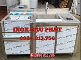 TỦ PHA CHẾ INOX 1M5 KẾT HỢP THÙNG ĐÁ ÂM KÈM KHAY TOPPING VÀ CHẬU RỬA 