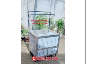 TỦ THÙNG ĐÁ INOX 304 KÈM KHAY TOPPING GIỮ LẠNH NẮP KÍNH GẬP - THIẾT KẾ THEO YÊU CẦU