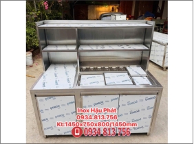 TỦ TRÀ SỮA INOX 304 DÀI 1M45 CÓ THÙNG ĐÁ ÂM KÈM KHAY GN 1/9