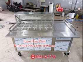 TỦ XE ĐẨY THÙNG ĐÁ TÍCH HỢP 18 KHAY 1/6 NẮP KÍNH LẬT KÈM BÀN LẬT 