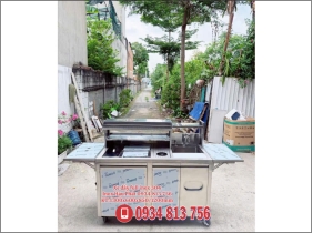 XE ĐẨY FULL INOX 304 THIẾT KẾ BỒN RỬA & THÙNG ĐÁ ÂM KÈM 2 BÀN LẬT