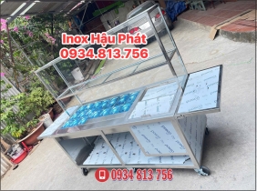 XE ĐẨY TRÀ SỮA INOX CÓ THÙNG ĐÁ KÈM KHAY TOPPING & KỆ KÍNH 2 TẦNG